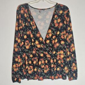 ASOS Blouse Womens 2XL Black Orange Fruit Print Long Sleeve Peplum V Neck Top
